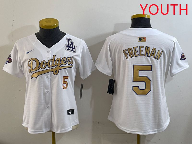 Youth Los Angeles Dodgers #5 Freeman White Champion gold character 2025 Nike MLB Jersey style 5
